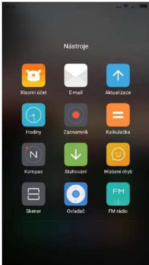 Nástroje Xiaomi účet E-mail Aktualizace Hodiny Záznamník Kalkulačka Kompas Stahování Hlášení chyb Skener Ovladač FM rádio