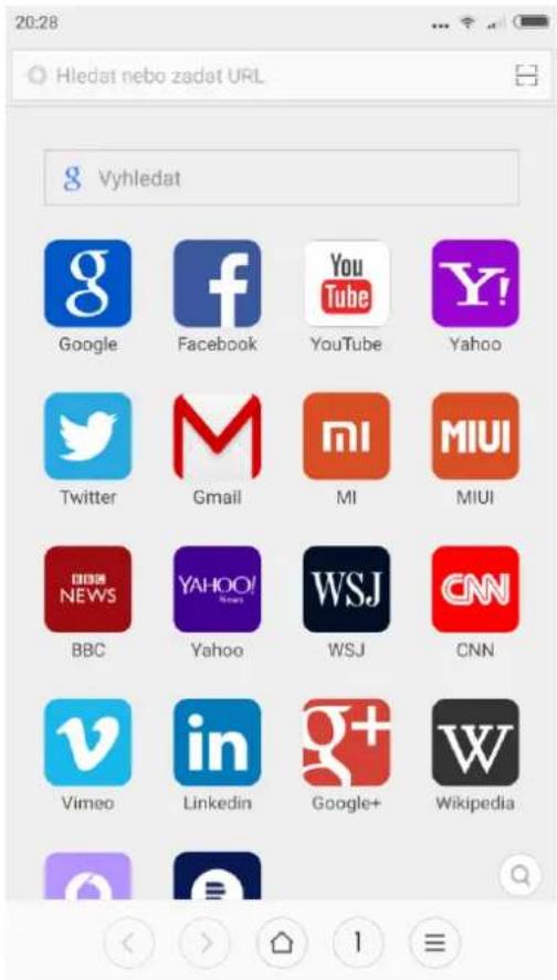 20:28 Hledat nebo zadat URL g Vyhledat Google Facebook YouTube Yahoo Twitter Gmail MI MIUI BBC Yahoo WSJ CNN Vimeo LinkedIn Google+ Wikipedia