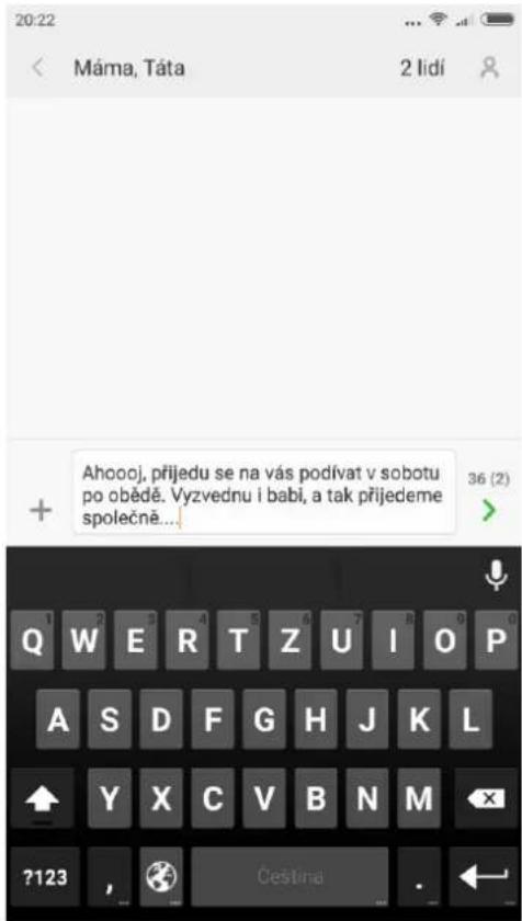 Ahooj, přijedu se na vás podívat v sobotu po obědě. Vyzvednu i babi, a tak přijedeme společně... 36 (2) Q W E R T Z U I O P A S D F G H J K L Y X C V B N M ?123 , Ceština .