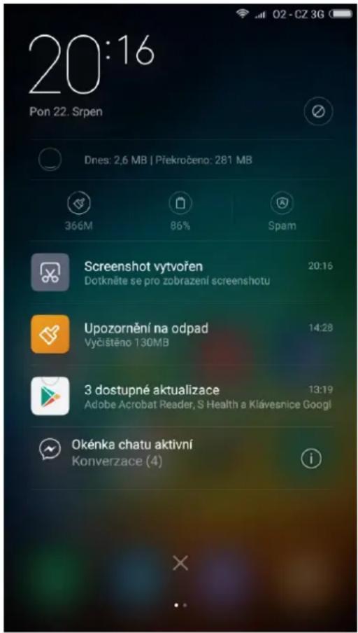 20:16 Pon 22. Srpen Dnes: 2.6 MB | Překročeno: 281 MB 366M 86% Spam Screenshot vytvořen Dotkněte se pro zobrazení screenshotu 20:16 Upozornění na odpad Vyčistěno 130MB 14:28 3 dostupné aktualizace Adobe Acrobat Reader, S Health a Klávesnice Googl 13:19 Okénka chatu aktivní Konverzace (4) i