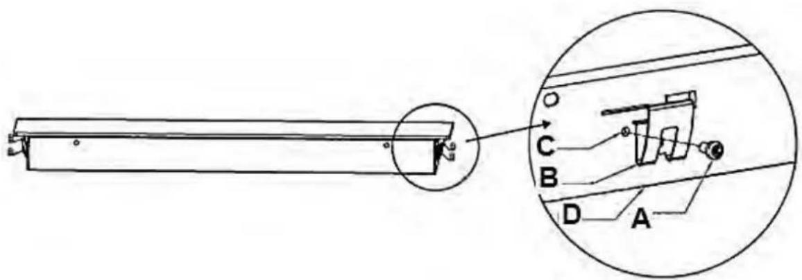 Technical diagram of a mechanical assembly with labeled parts A, B, C, D and an inset view showing a component detail.