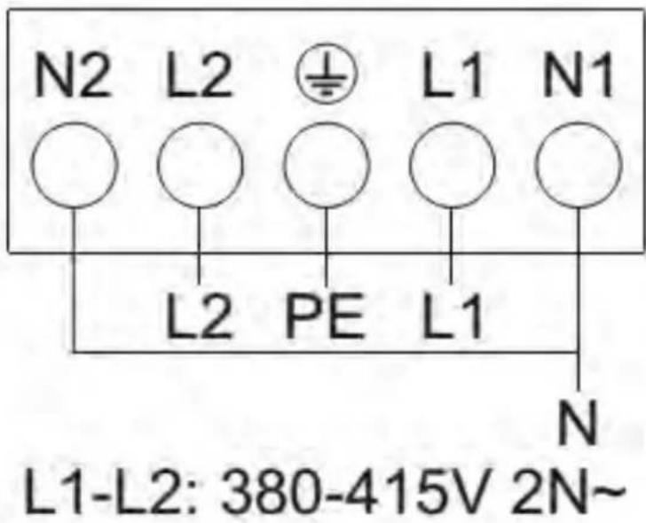 N2 L2 ⊕ L1 N1 ○ ○ ○ ○ ○ L2 PE L1 N L1-L2: 380-415V 2N~