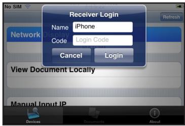 No SIM Network Name iPhone Code Login Code Cancel Login View Document Locally Manual Input IP Devices Documents About