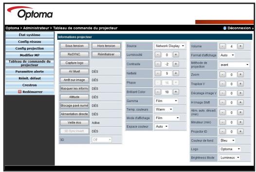 Optoma Estat système Config réseau Config projection Modifier MP Tableau de commande de projecteur Paramètre alertre Réinit, défaut Crestron Redémarrer 3D Syncinvest 3D Informations projecteur Sous tension Hors tension ReSYNC Résultaire Source Network Display Luminauté 0 + Contraste -2 + Netveld 9 + Phase 16 + Bright Color 10 + Gamma Film Temp. couleurs Warm Mode d'craftchage Film Espace couleur Auto Volume 4 + Format draftchage Auto Méthode de projection avant Zoom Trapize V 0 + Décalage Image V 0 + H image shift 0 + Alim, auto, dézait. (min) 0 + Minuteur (min) 0 + Projector ID 0 + Couleur de fond Dieu Logo Optoma Brightness Mode Lumineux