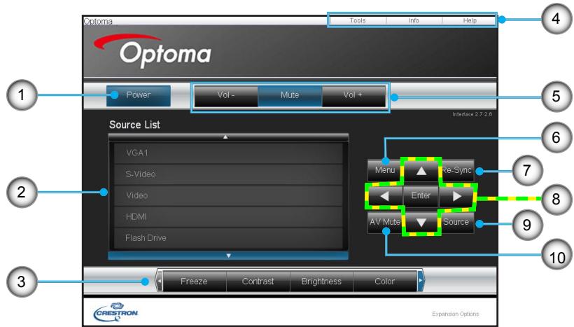 Optoma Tools Info Help Power Vol- Mute Vol+ Source List VGA1 S-Video Video HDMI Flash Drive Menu Re-Sync Enter AV Mute Source Freeze Contrast Brightness Color CRESTRON Expansion Options