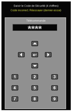 Saisir le Code de Sécurité (4 chiffres) Code incorrect. Réesayer (dernier essai) Télécommande **** ▲ ◄ ← ▶ 1 2 3 4 5 6 7 8 9
