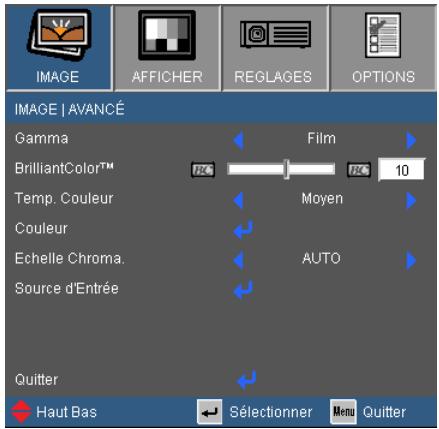 IMAGE | AVANCÉ Gamma BrilliantColor™ Temp. Couleur Couleur Echelle Chroma. Source d'Entrée Film 10 Moyen AUTO Quitter Haut Bas Sélectionner Menu Quitter