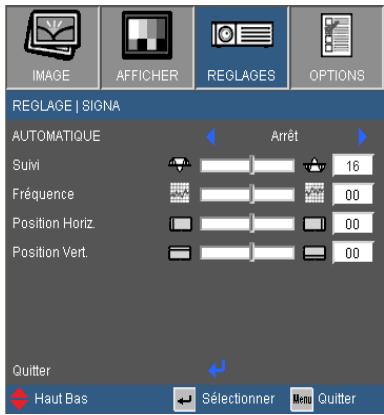 IMAGE AFFICHER REGLAGES OPTIONS REGLAGE | SIGNA AUTOMATIQUE Arrêt Suvi 16 Fréquence 00 Position Horiz. 00 Position Vert. 00 Quitter Haut Bas Sélectionner Menu Quitter