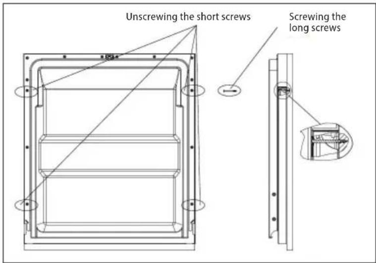Unscrewing the short screws Screwing the long screws