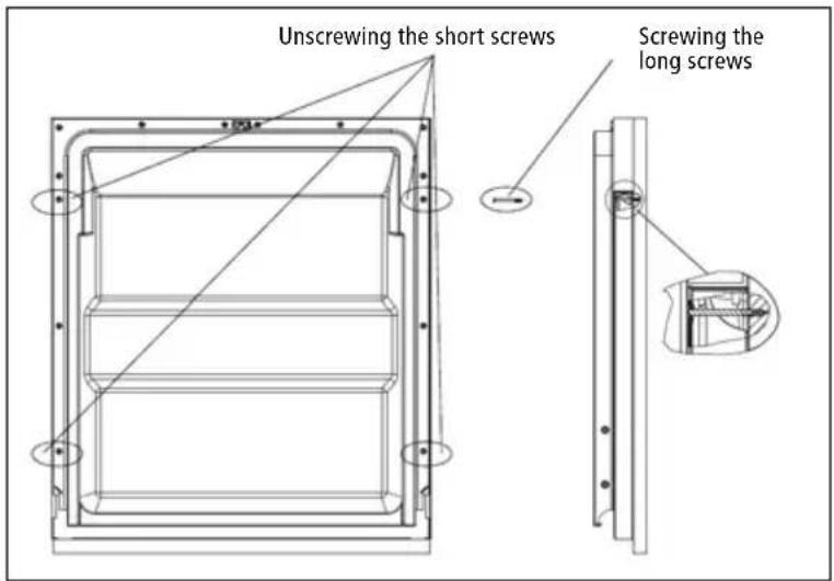 Unscrewing the short screws Screwing the long screws