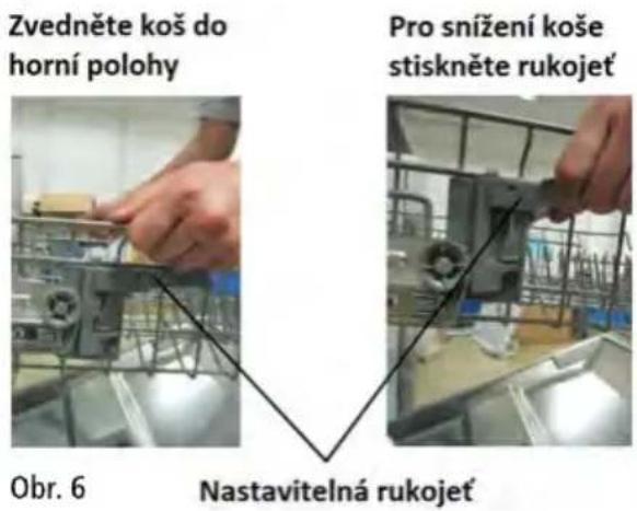 Zvedněte koš do horní polohy Pro snížení koše stiskněte rukojeť Obr. 6 Nastavitelná rukojeť