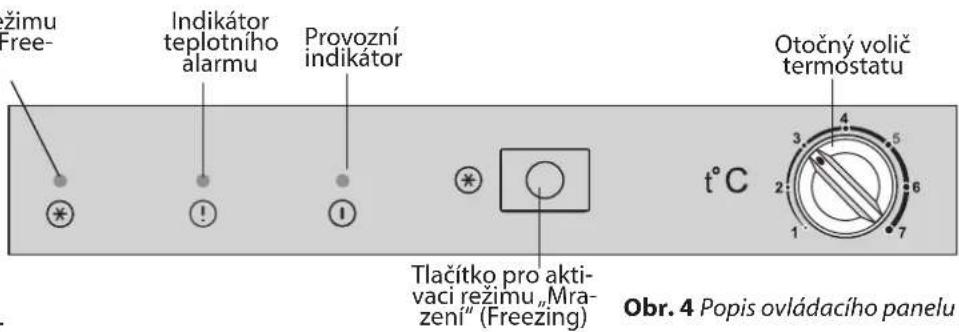žimu Free- Indikátor teplotního alarmu Provozní indikátor Otočný volič termostatu Tlačitko pro aktivaci režimu „Mrazení“ (Freezing) t°C Obr. 4 Popis ovládacího panelu
