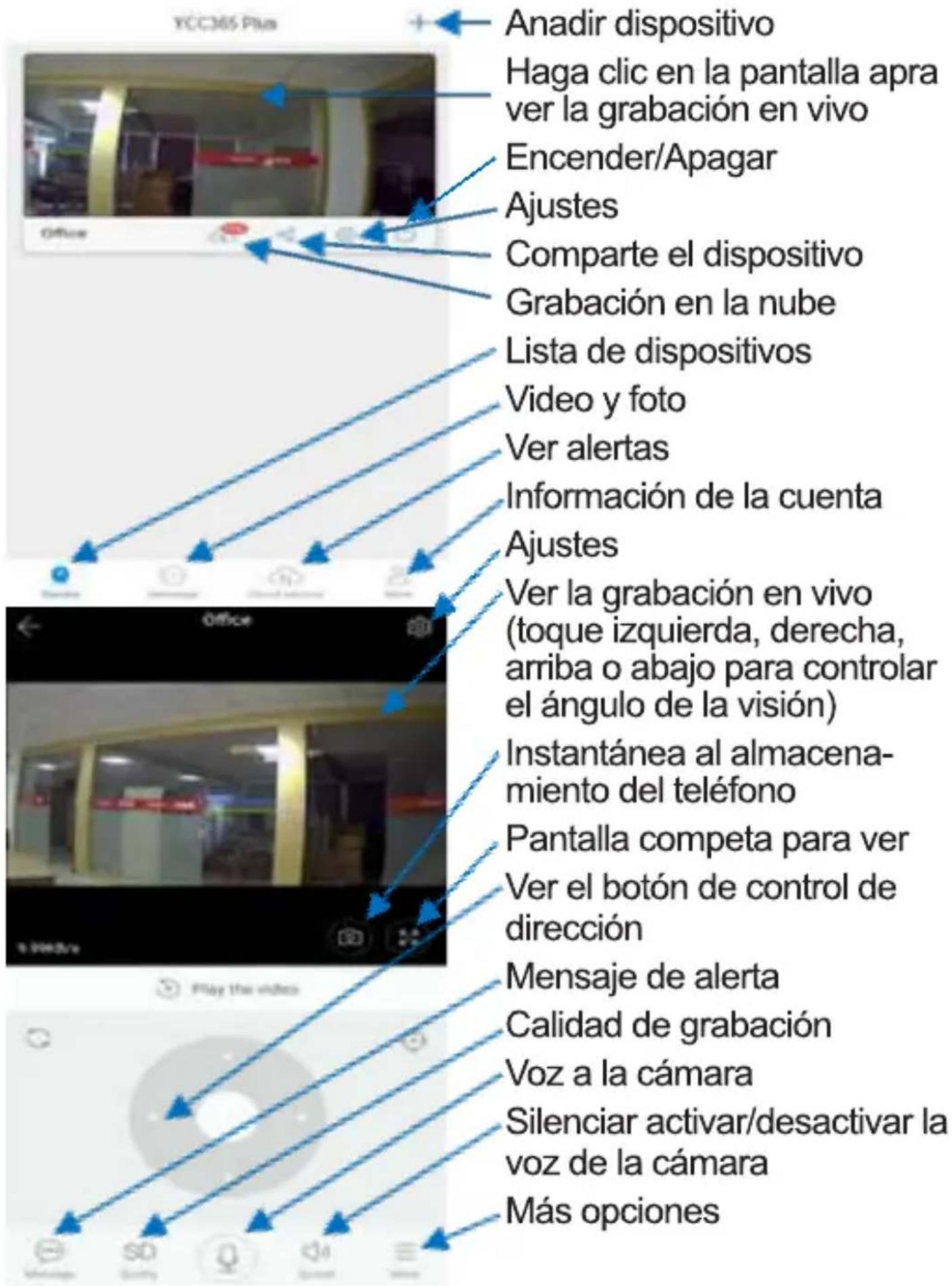 YCC365 Plus Anadir dispositivo Haga clic en la pantalla apra ver la grabación en vivo Encender/Apagar Ajustes Comparte el dispositivo Grabación en la nube Lista de dispositivos Video y foto Ver alertas Información de la cuenta Ajustes Ver la grabación en vivo (toque izquierda, derecha, arriba o abajo para controlar el ángulo de la visión) Instantánea al almacena- miento del teléfono Pantalla competa para ver Ver el botón de control de dirección Mensaje de alerta Calidad de grabación Voz a la cámara Silenciar activar/desactivar la voz de la cámara Más opciones
