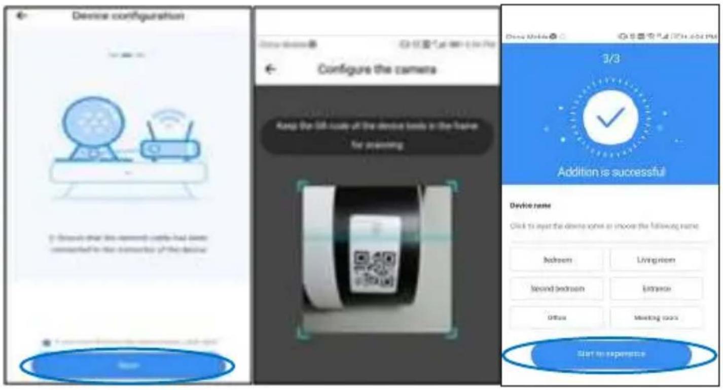 Device configuration Configure the camera Add the 58 issue of the device lens in the home for opening 3/3 Addition is successful Device name Click to enter the device name or choose the following name: Indoor Living room Second bedroom Entrance Office Meeting room Start to reiterate