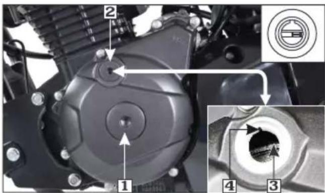 Technical diagram of a motorcycle engine showing labeled components and a circular component with internal features.