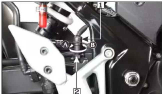 Technical diagram of a motorcycle's internal components with labeled parts A, B, and numbered annotations 1 and 2