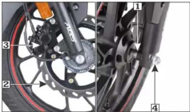 Technical diagram of a motorcycle wheel assembly with numbered parts and labeled components