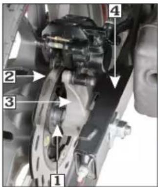 Labeled mechanical assembly diagram showing components numbered 1 to 4 with arrows indicating motion or movement.