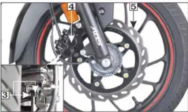 Technical diagram of a motorcycle wheel assembly with numbered components and mechanical assembly details