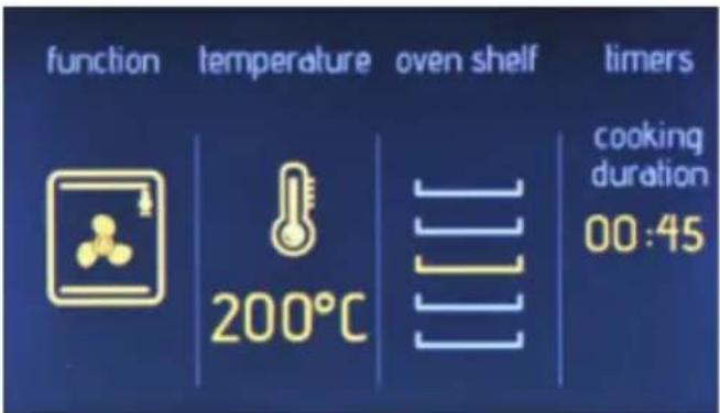 function temperature oven shelf timers 200°C cooking duration 00:45