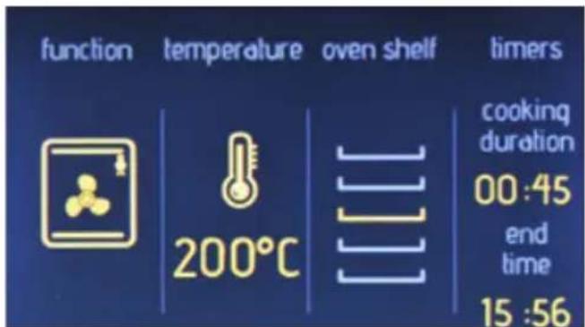 function temperature oven shelf timers 200°C cooking duration 00:45 end time 15:56
