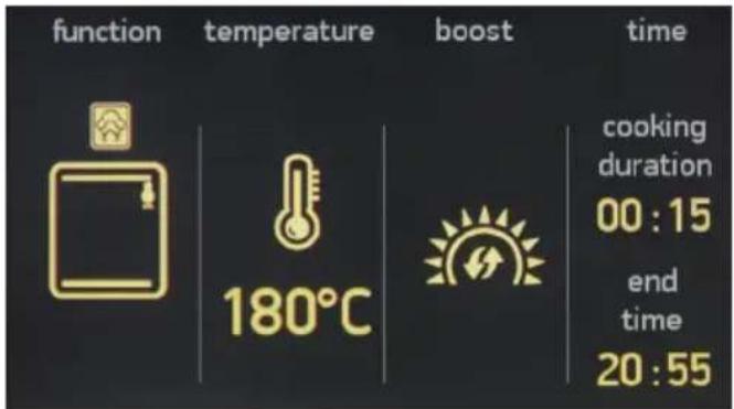 function temperature boost time 180°C cooking duration 00 : 15 end time 20 : 55