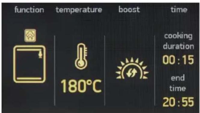 function temperature boost time cooking duration 00 : 15 end time 20 : 55 180°C