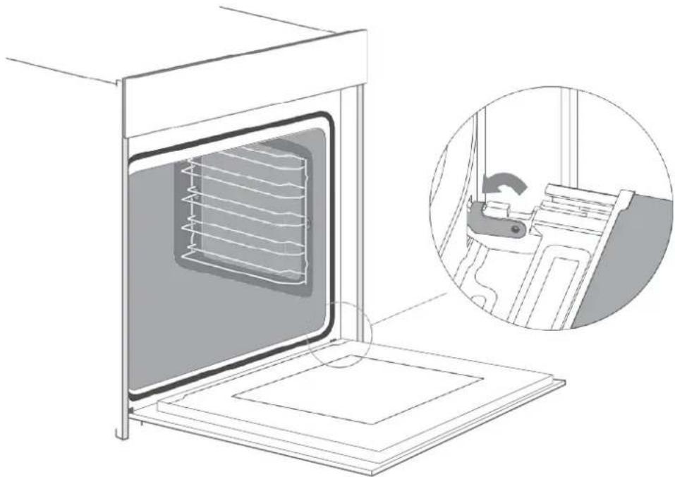 Technical line drawing of an oven with internal air duct and a magnified inset showing a mechanical component (no text or symbols)
