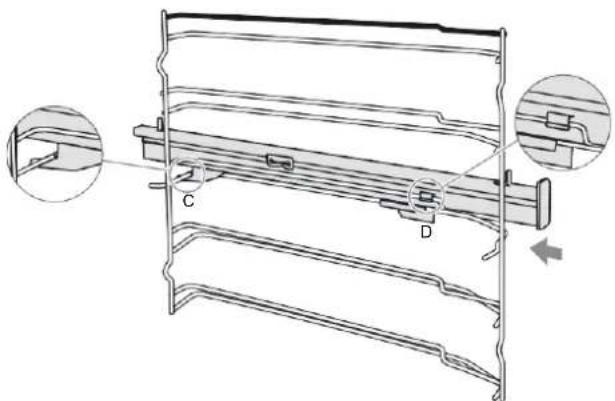 Technical line drawing of a mechanical component with labeled parts C and D, showing internal structure and assembly (no text or symbols beyond labels)