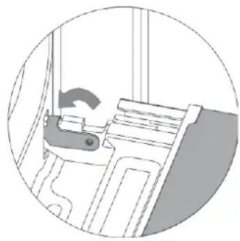 Mechanical component diagram showing a lever mechanism with an arrow indicating motion (no text or symbols present)