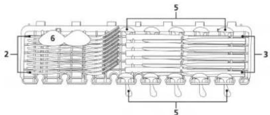 Technical diagram of a heat exchanger or cooling unit with labeled components and flow directions