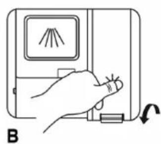 Line drawing of a hand holding a device with a slide and a scroll, labeled 'B' (no text or symbols on the diagram itself)