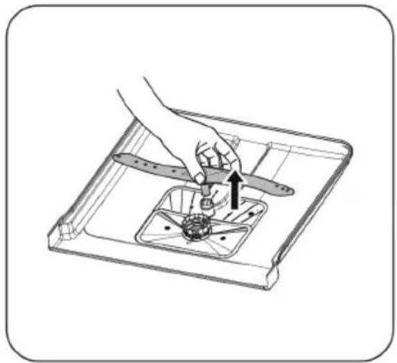 Illustration of a hand using a tool to adjust or install a fan component inside a tray (no text or symbols)