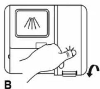 Hand holding a device with a screen and a scroll, no visible text or symbols