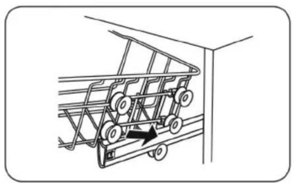 Line drawing of a shopping cart with wheels and an arrow indicating direction (no text or symbols)