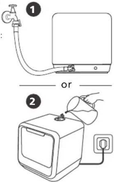 Diagram showing two steps of a water heater installation: one with a faucet and labeled 'or', the other with a hand pouring liquid into a device.