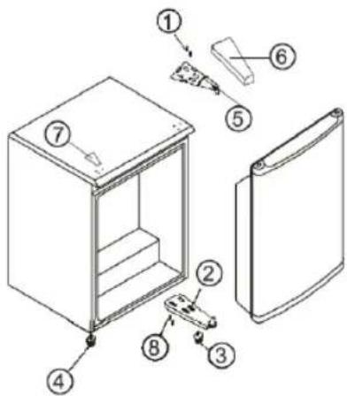 Exploded view diagram of a refrigerator with numbered parts for identification