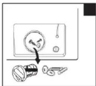 Diagram showing a door lock with a dial and a close-up of the lock, indicating a key adjustment or repair step.
