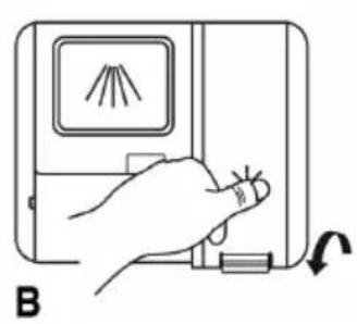 Line drawing of a hand pressing down on a device with a slide and scroll, labeled 'B' (no text or symbols on the diagram itself)