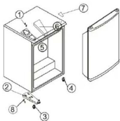 Technical diagram of a refrigerator with numbered parts for identification and assembly reference.