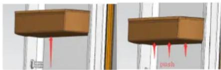 Two mechanical components with red arrows indicating motion, one labeled 'push' (no text or symbols on the components)