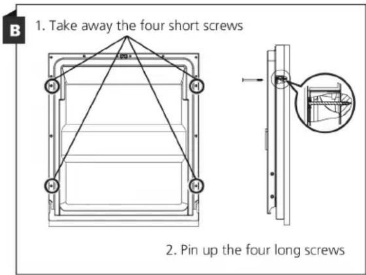 1. Take away the four short screws 2. Pin up the four long screws