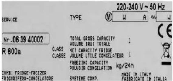 220-240 V ~ 50 Hz SERVICE TYPE M W A M W Nr.06 39 40002 R 600a CLASS CLASSE TOTAL GROSS CAPACITY VOLUME BRUT TOTALE 1 NET CAPACITY FRIDGE VOLUME UTILE CONGELATEUR 1 FREEZING CAPACITY POUVOIR CONGELATION kg/24h COMBI FRIDGE-FREEZEER FRIGORIFERO-CONGELATORE SYSTEME COMP. MADE IN ITALY FABRICATO IN ITALIA