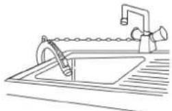 Line drawing of a kitchen sink with faucet and faucet (no text or symbols)