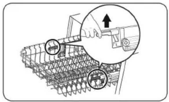 Technical diagram showing a hand operating a tracked vehicle with two circular insets highlighting specific components.