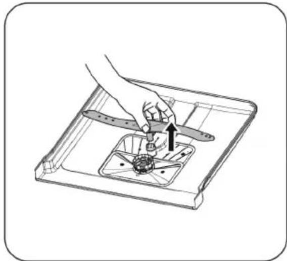 Illustration of a hand using a tool to adjust or install a component in a tray (no text or symbols visible)