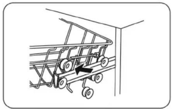 Line drawing of a shopping cart with wheels and an arrow indicating direction (no text or symbols)