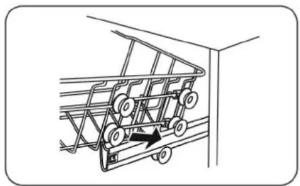 Line drawing of a shopping cart with wheels and an arrow indicating direction (no text or symbols)