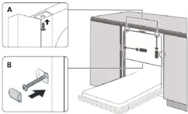 Technical diagram showing two-step installation of a mechanical component with screw fasteners and a bolt, labeled A and B.
