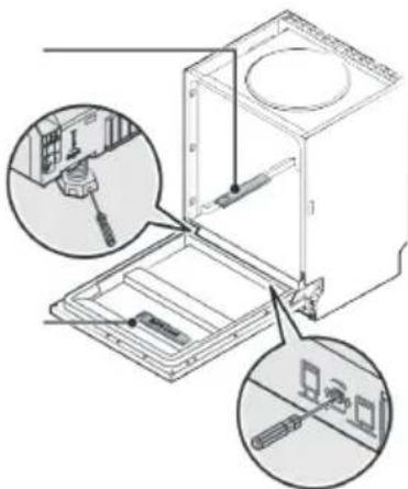 Technical diagram showing assembly of a washing machine with labeled parts and close-ups of internal components